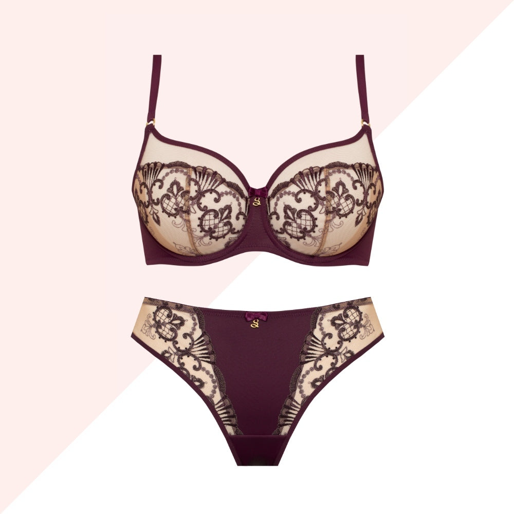 Samanta Perla Aubergine Sheer Mesh Tulle Embroidered Tanga Panty — view 5