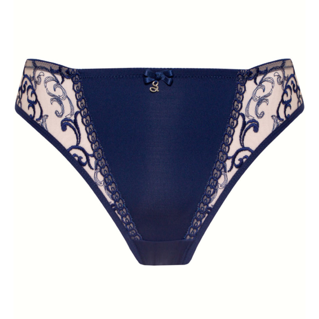 Samanta Hazel Navy Sheer Mesh Tulle Embroidered Tanga Panty — view 3
