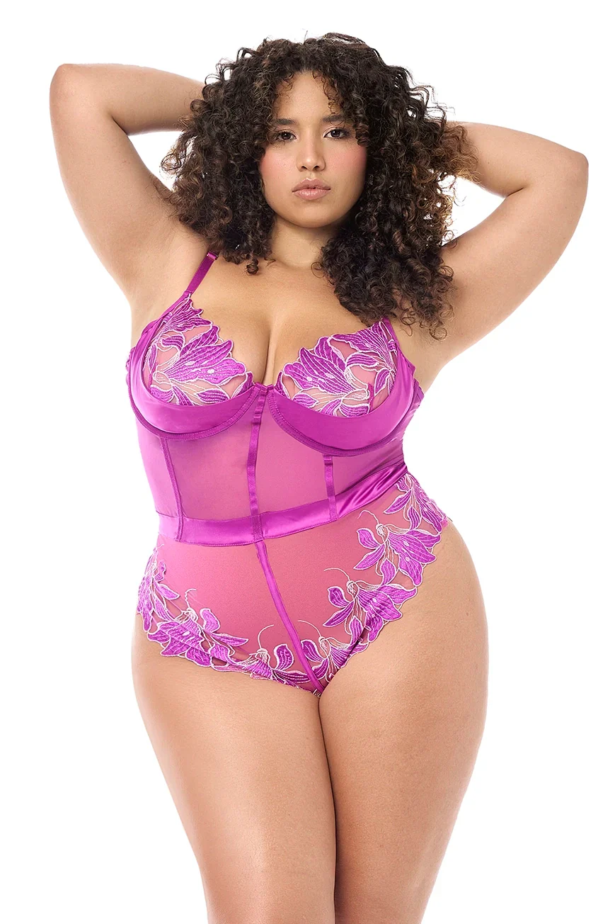 Mapale Twilight Orchid Sheer Embroidered Teddy — view 3