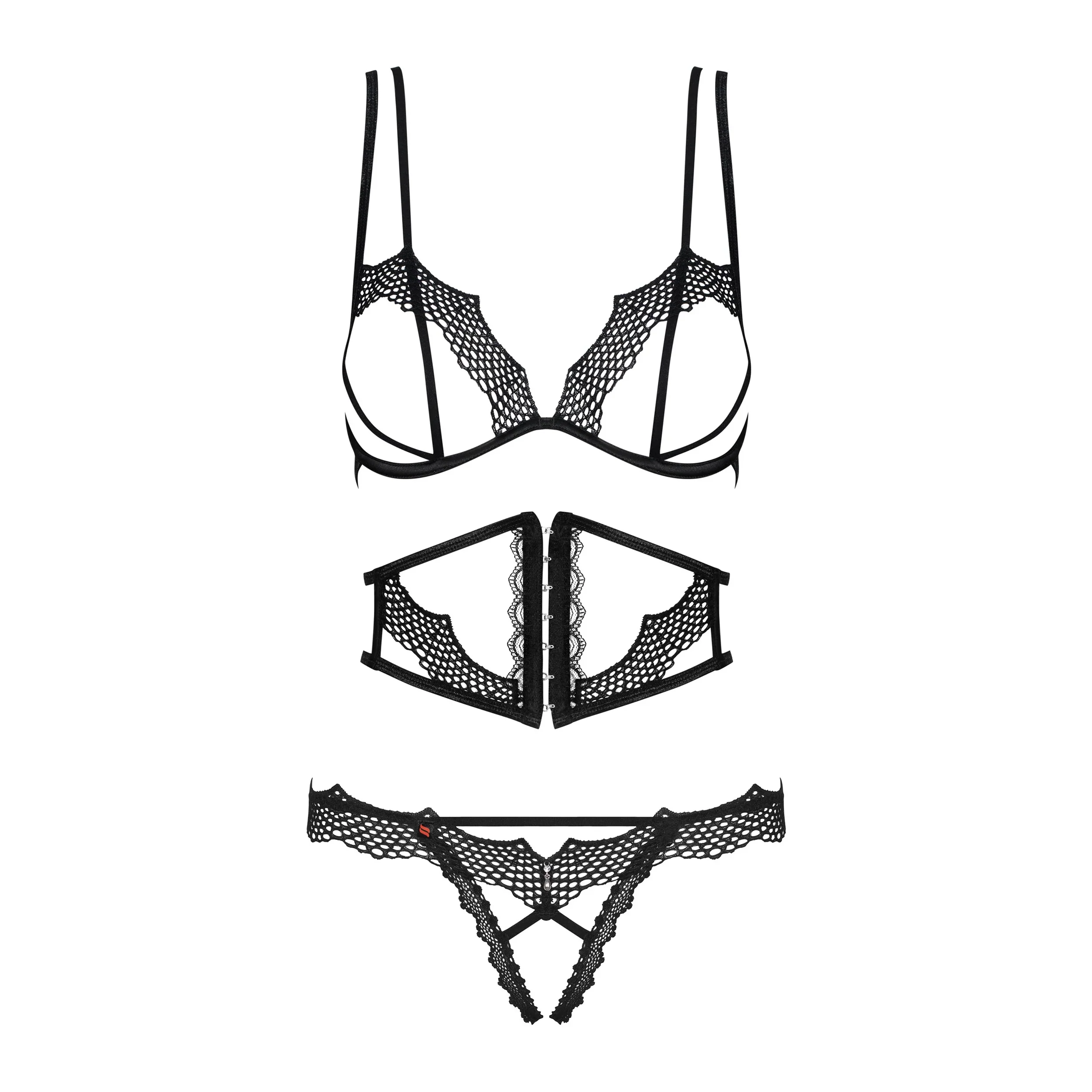 Obsessive Bravelle Open Cup Crotchless String 3 Piece Lingerie Set — view 3