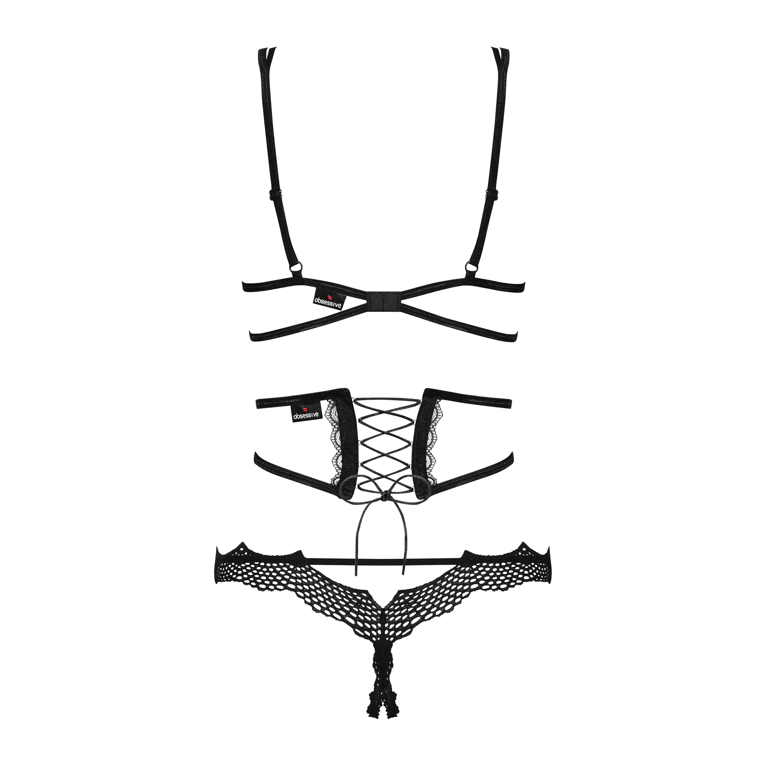 Obsessive Bravelle Open Cup Crotchless String 3 Piece Lingerie Set — view 4