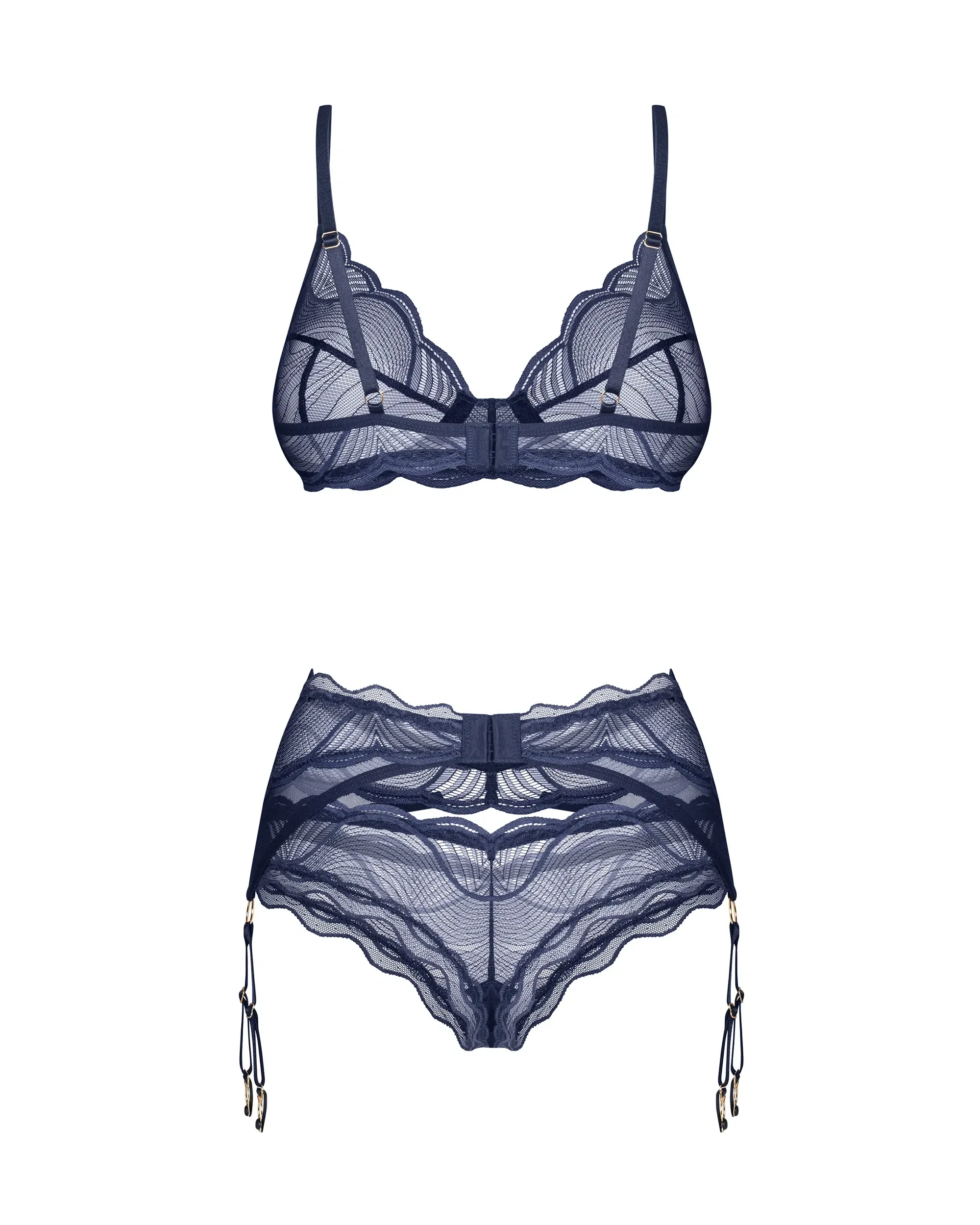 Obsessive Nightly Blue Sheer Bra Thong Garter Belt Set — view 4