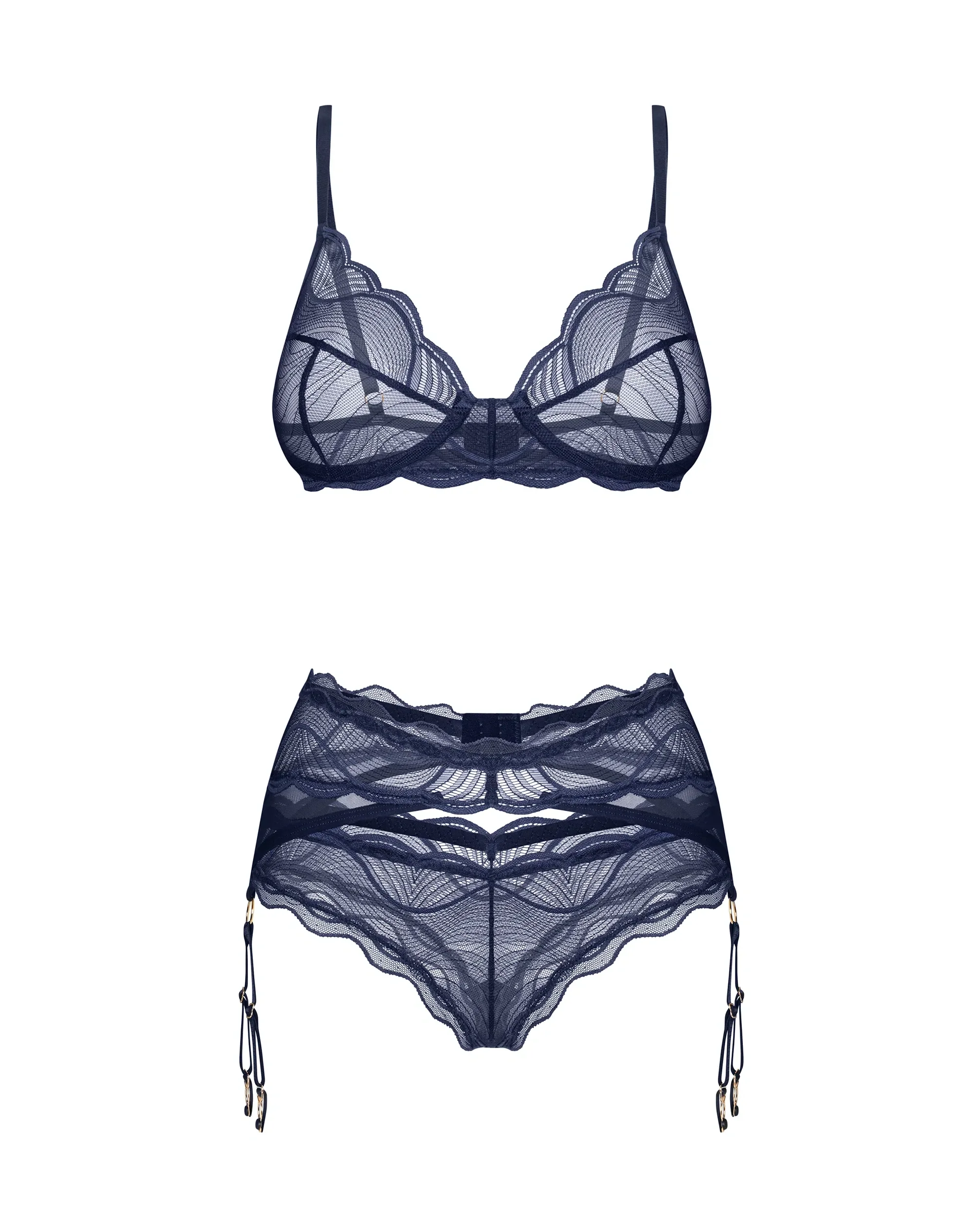 Obsessive Nightly Blue Sheer Bra Thong Garter Belt Set — view 5