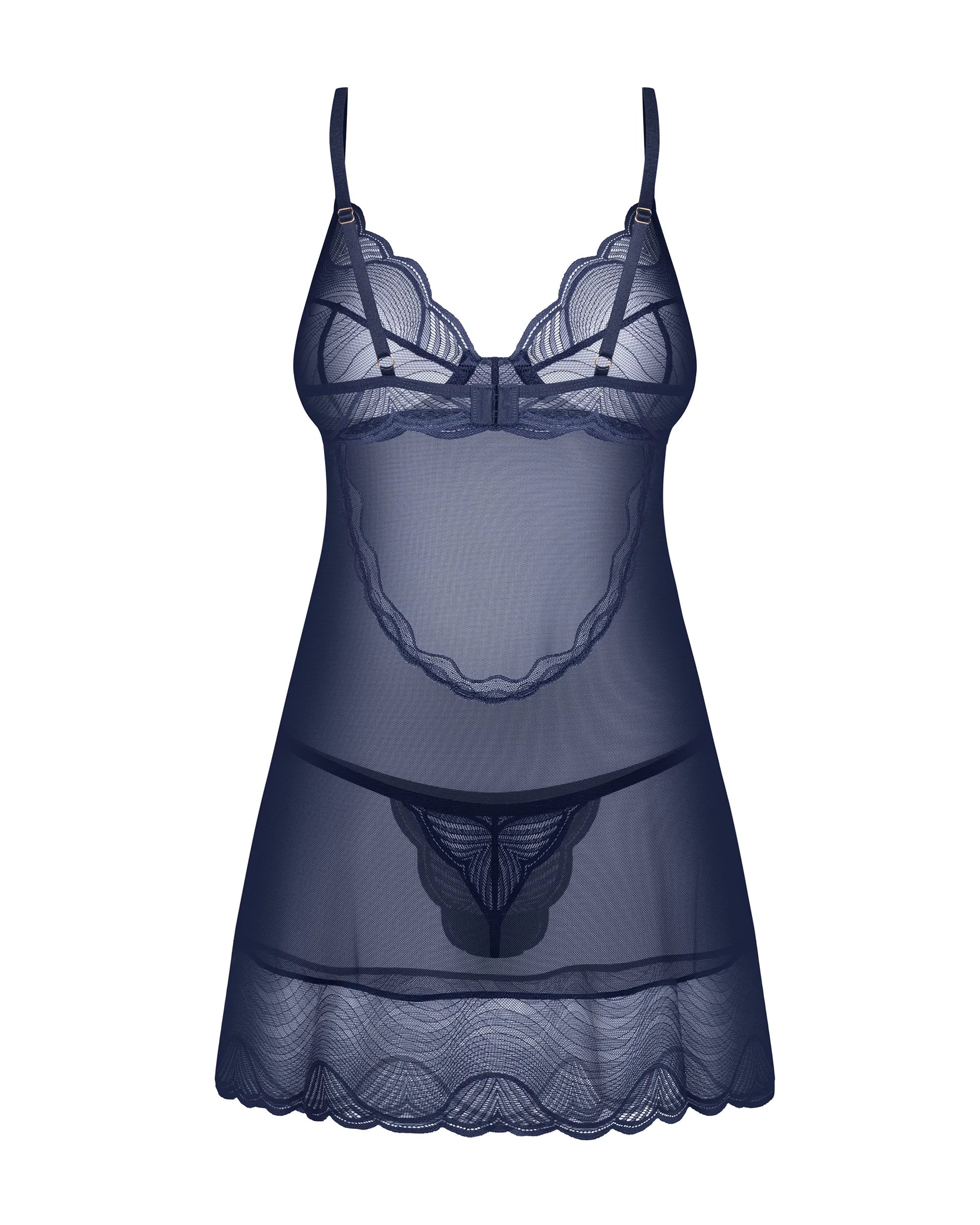 Obsessive Nightly Blue Sheer Mesh Chemise Thong Set — view 4