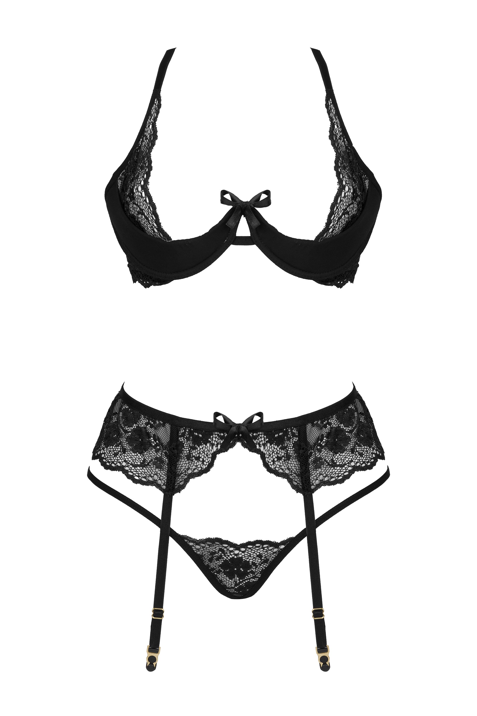 Beauty Night Rose Black Sheer Lace Plunge Bra Garter Belt & Sexy G-String — view 5