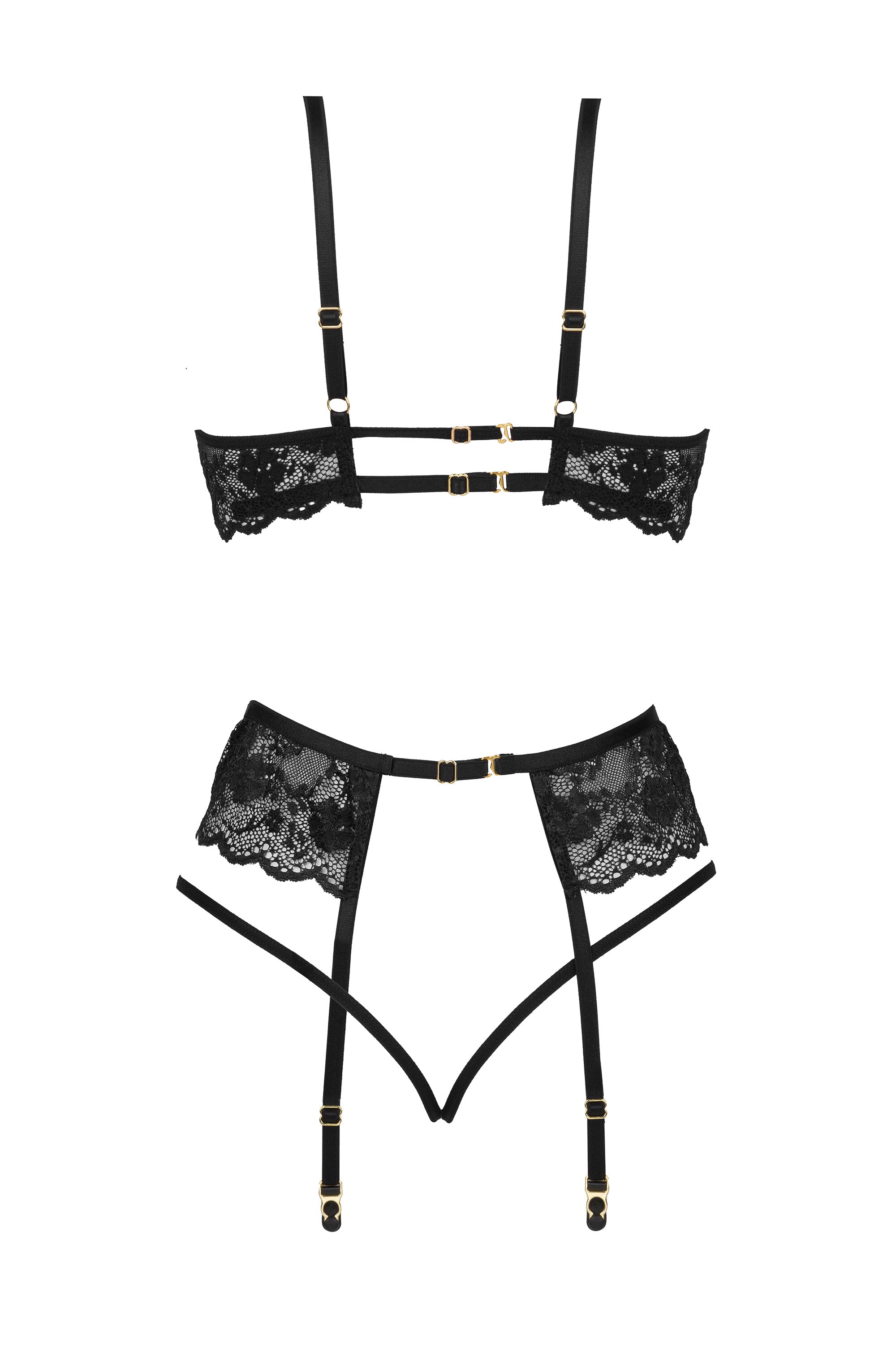Beauty Night Rose Black Sheer Lace Plunge Bra Garter Belt & Sexy G-String — view 6