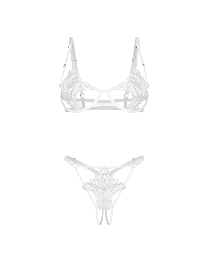 Obsessive Luise Sublim White Lace Open Cup Bra & Crotchless Thong Set — view 5