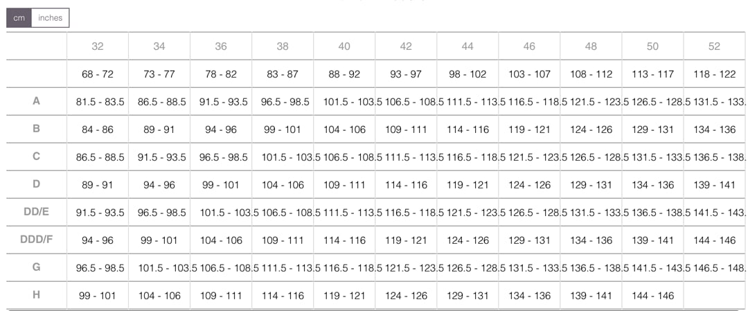 teaselle lingerie bra size guide in cm